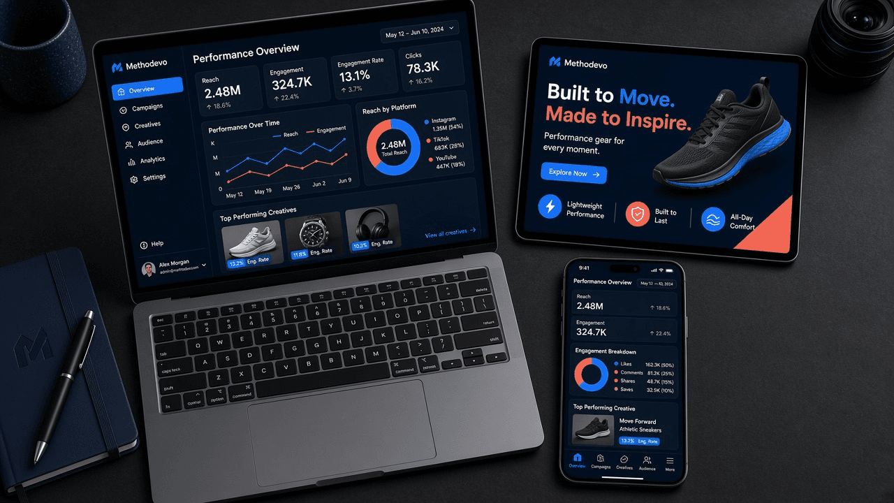 Methodevo commercial command: strategy, ads, conversion website, and performance metrics